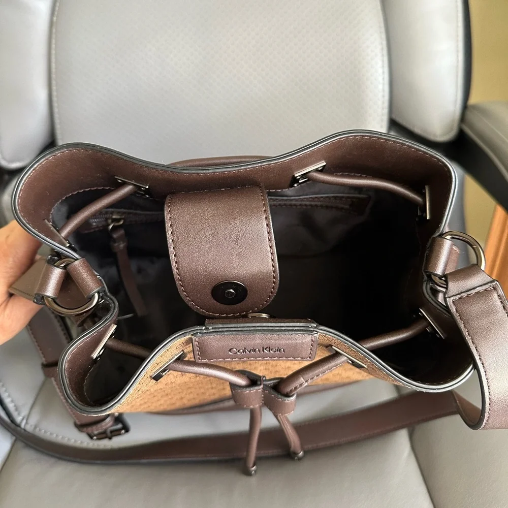 Calvin Klein Coated Canvas w/Leather Bucket CrossbodyBag, Brown/Tan Color - Picture 12 of 13